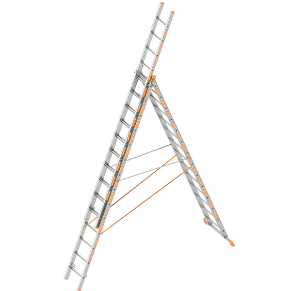 Layher Allzweckleiter TOPIC 14 Sprossen, Aluminiumleiter 3-teilig 3x14 Sprossen, ausziehbar, beidseitig begehbar, klappbar, Länge 10.05 m