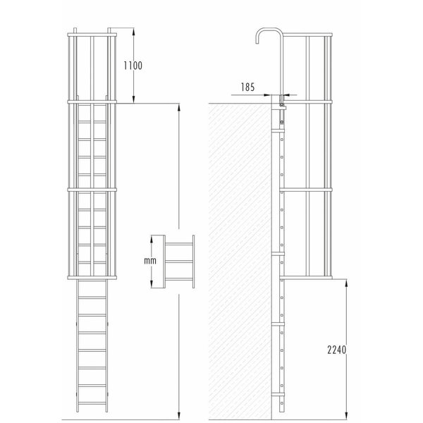 Hailo Professional Steigleiter mit Rückenschutz, Stahl feuerverzinkt 8,96 m | 32 Sprossen