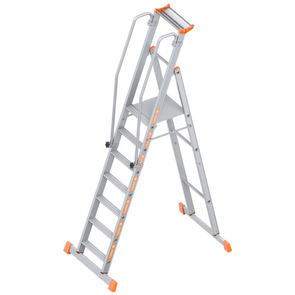 Layher Plattformleiter TOPIC 7 Sprossen; Aluminiumleiter mit Plattform,Handläufen und breiten Stufen; einseitig begehbar; klappbar Länge 2.80 m